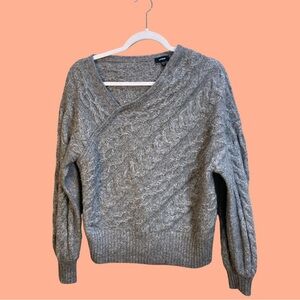 Express Heather Gray V-Neck Cable Knit Sweater